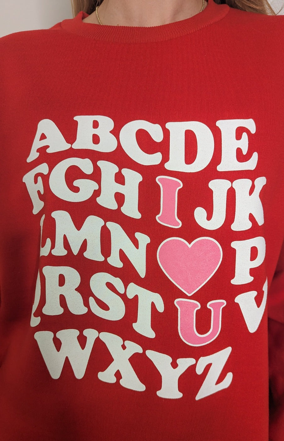 I Love You on Red French Terry Sweatshirt With Ribbed Knit