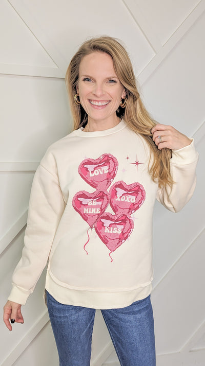 Pink Hearts on Ivory French Terry Sweatshirt With Ribbed Knit