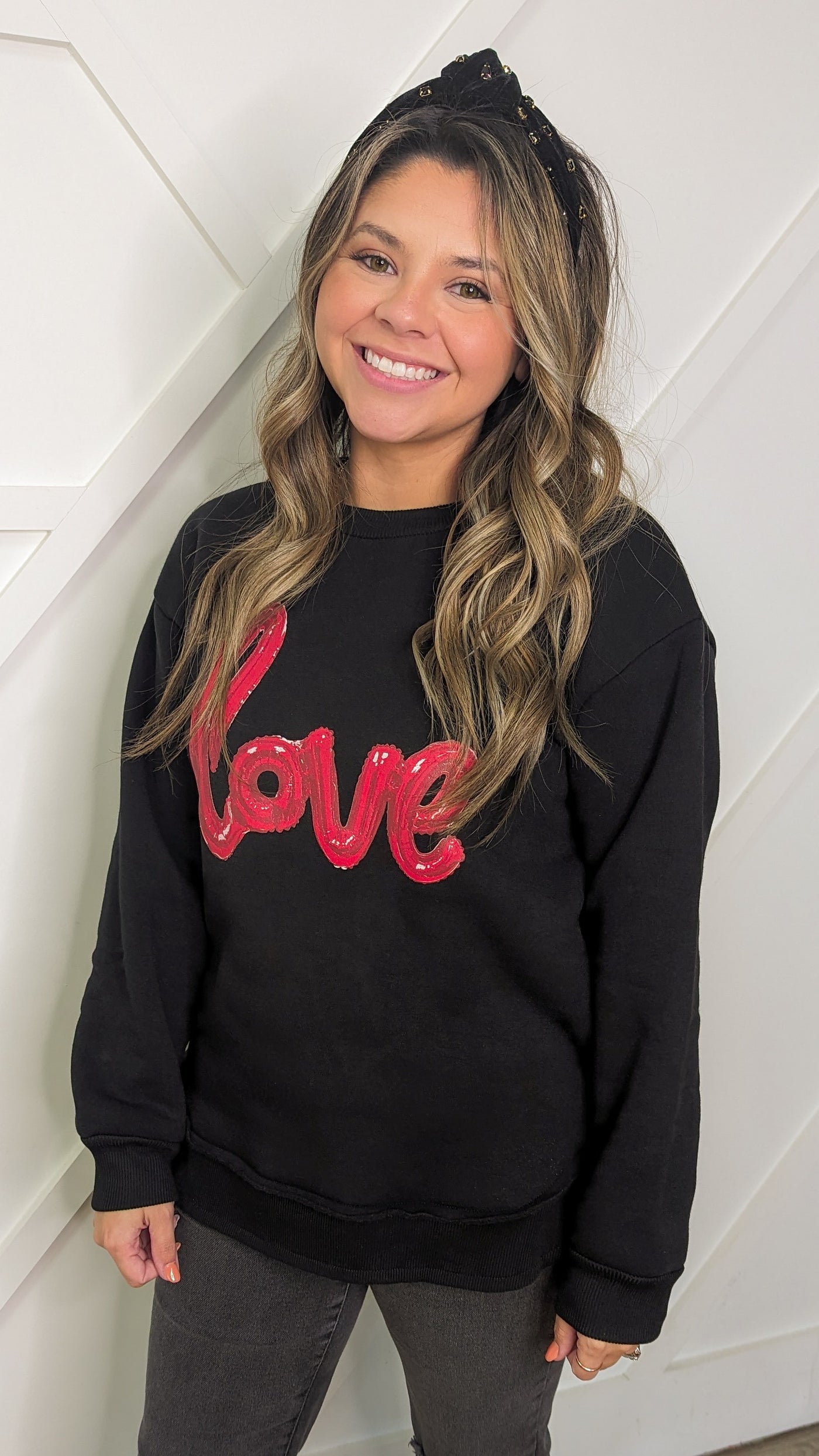 LOVE on Black French Terry Sweatshirt With Ribbed Knit