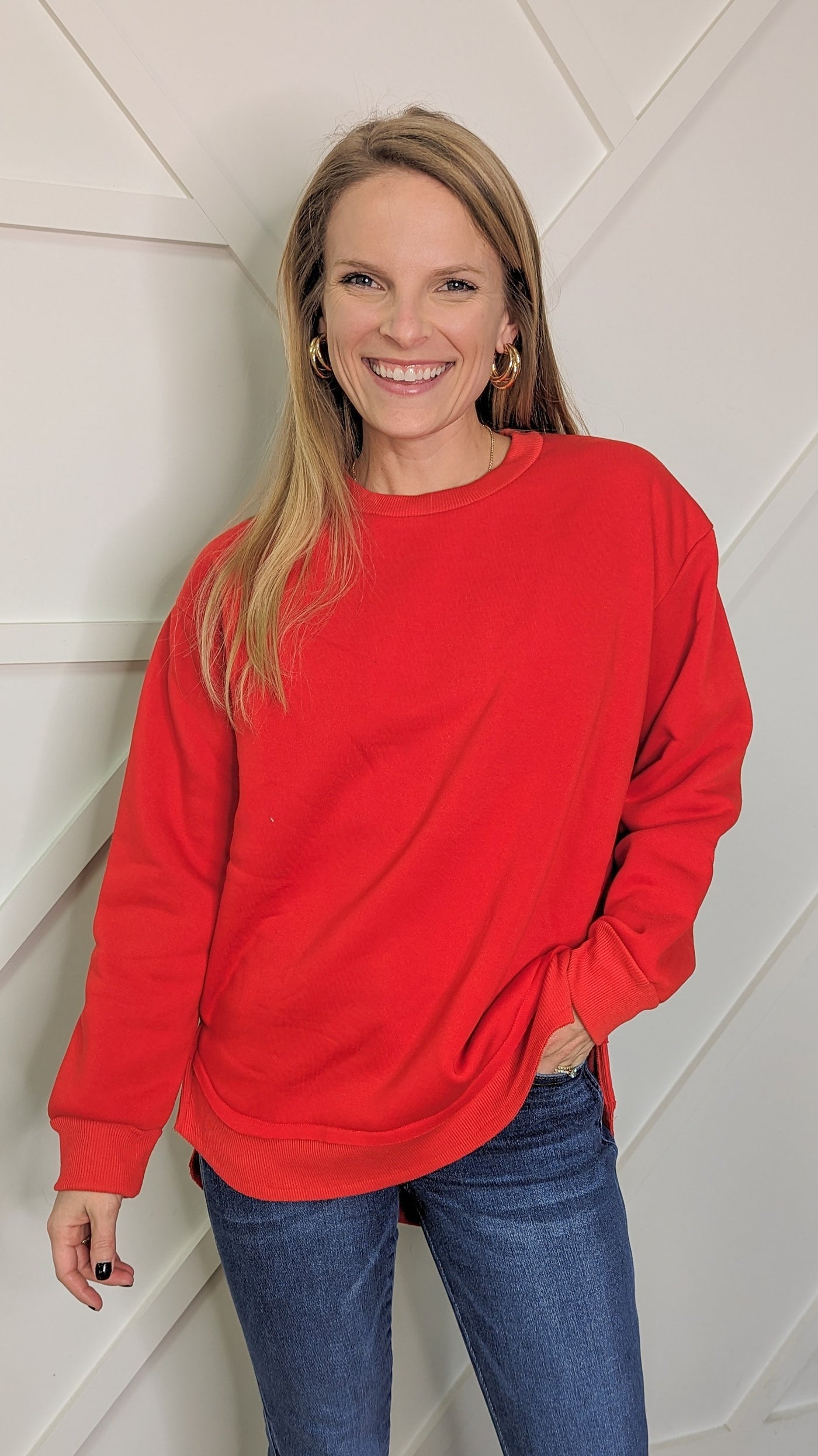 Red French Terry Sweatshirt With Ribbed Knit