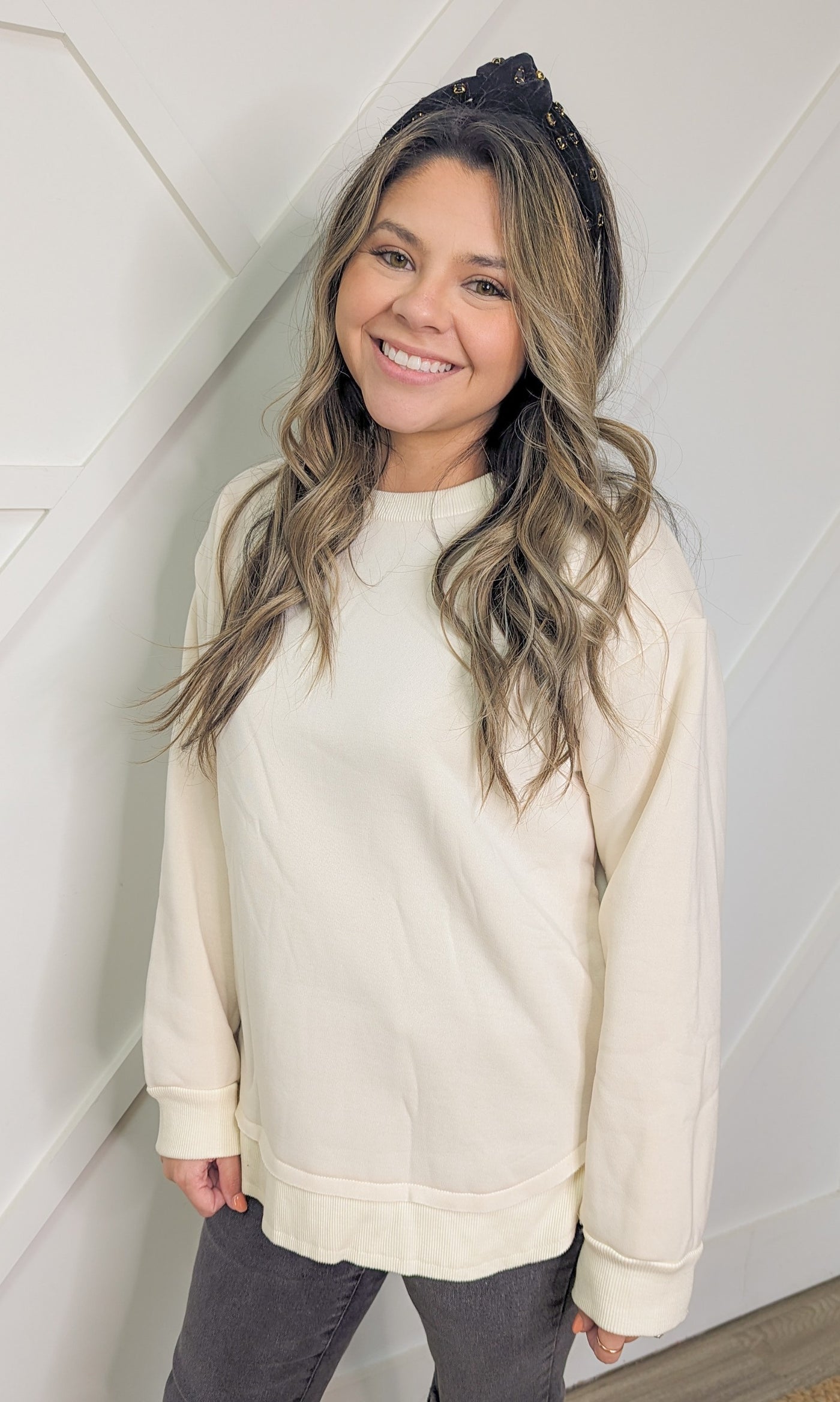 Ivory French Terry Sweatshirt With Ribbed Knit