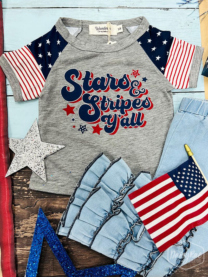 Girls Grey and Stars and Stripes Graphic Tee