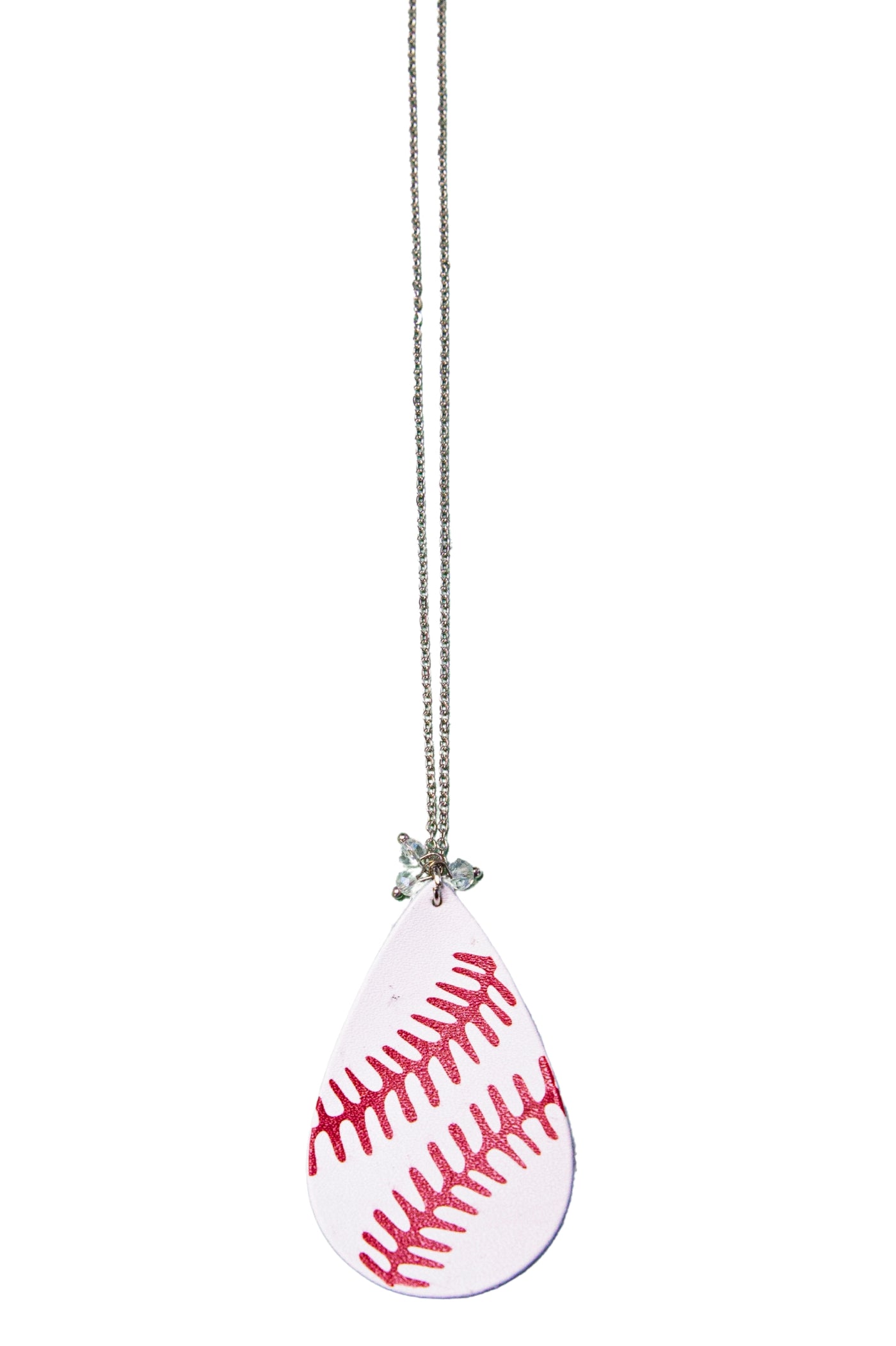 Teardrop Leather Baseball Pendant on Silver Chain