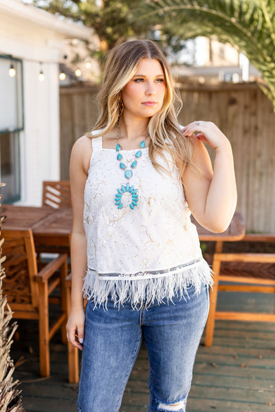 Mesh Top with Feathers, White