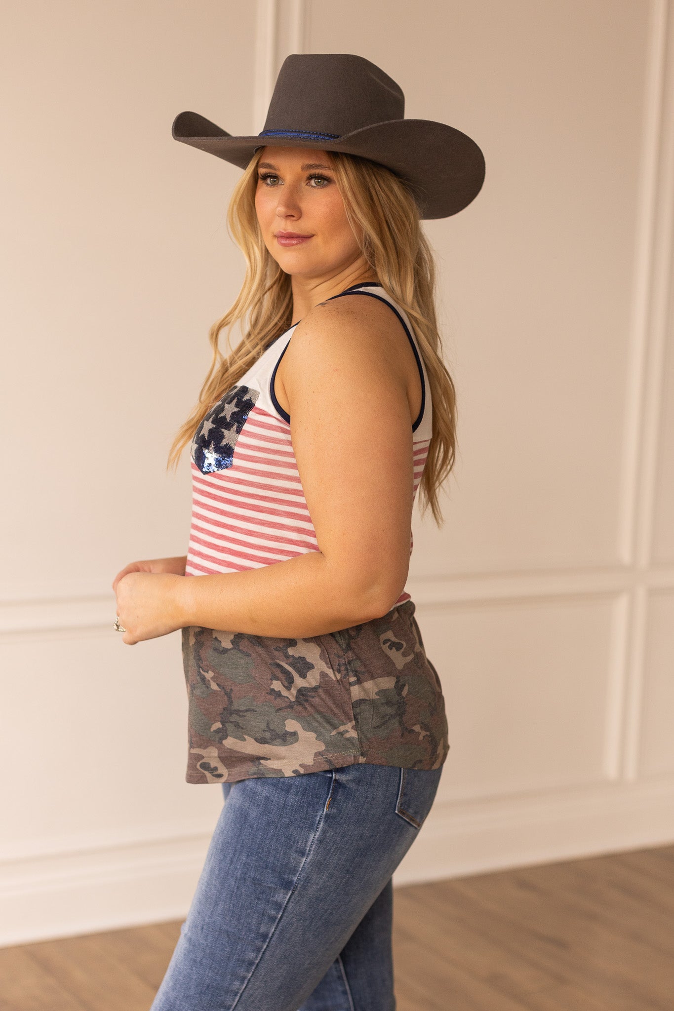 Betsy Ross Tank , with Sequin Stars and Camo