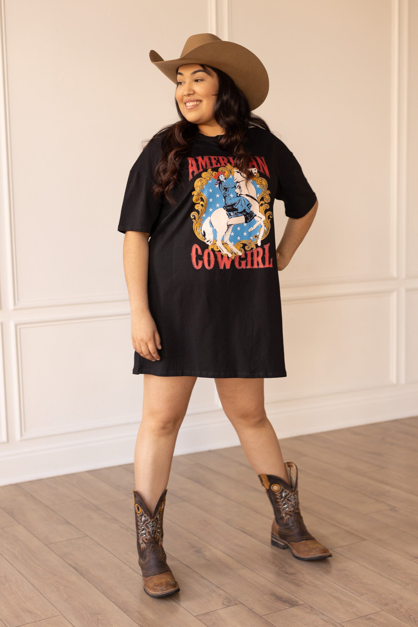 'American Cowgirl' on Black T-Shirt Dress