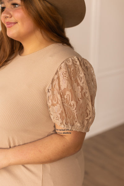 Tan Elegance Ribbed Tee with Lace Puff Sleeves
