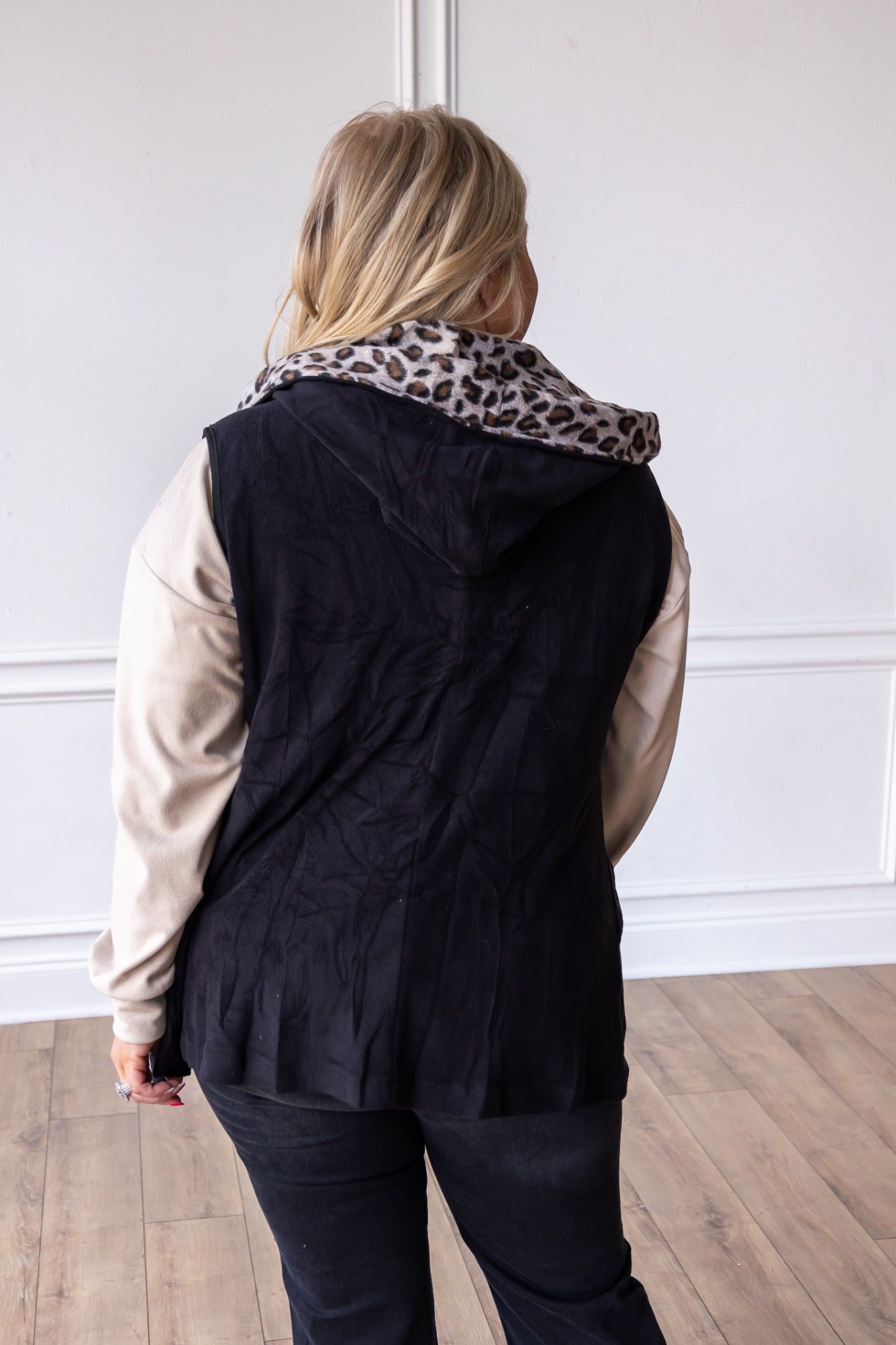 Warm and Together Black with Leopard Vest Cardigan