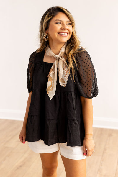 The Luna Black Baby Doll Top With Swiss Dot Puff Sleeves