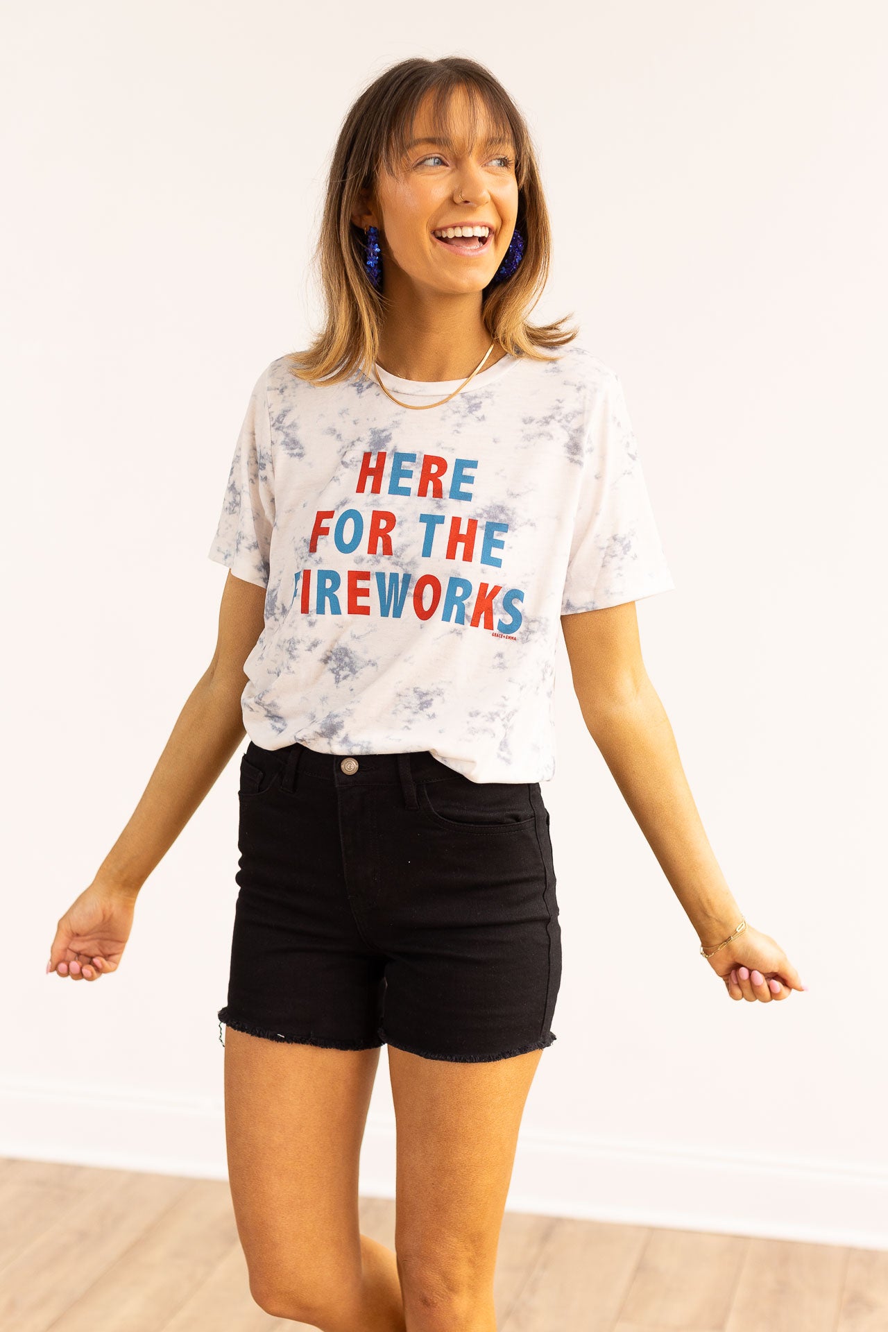 Here for the Fireworks on White Marble Crew Neck Tee