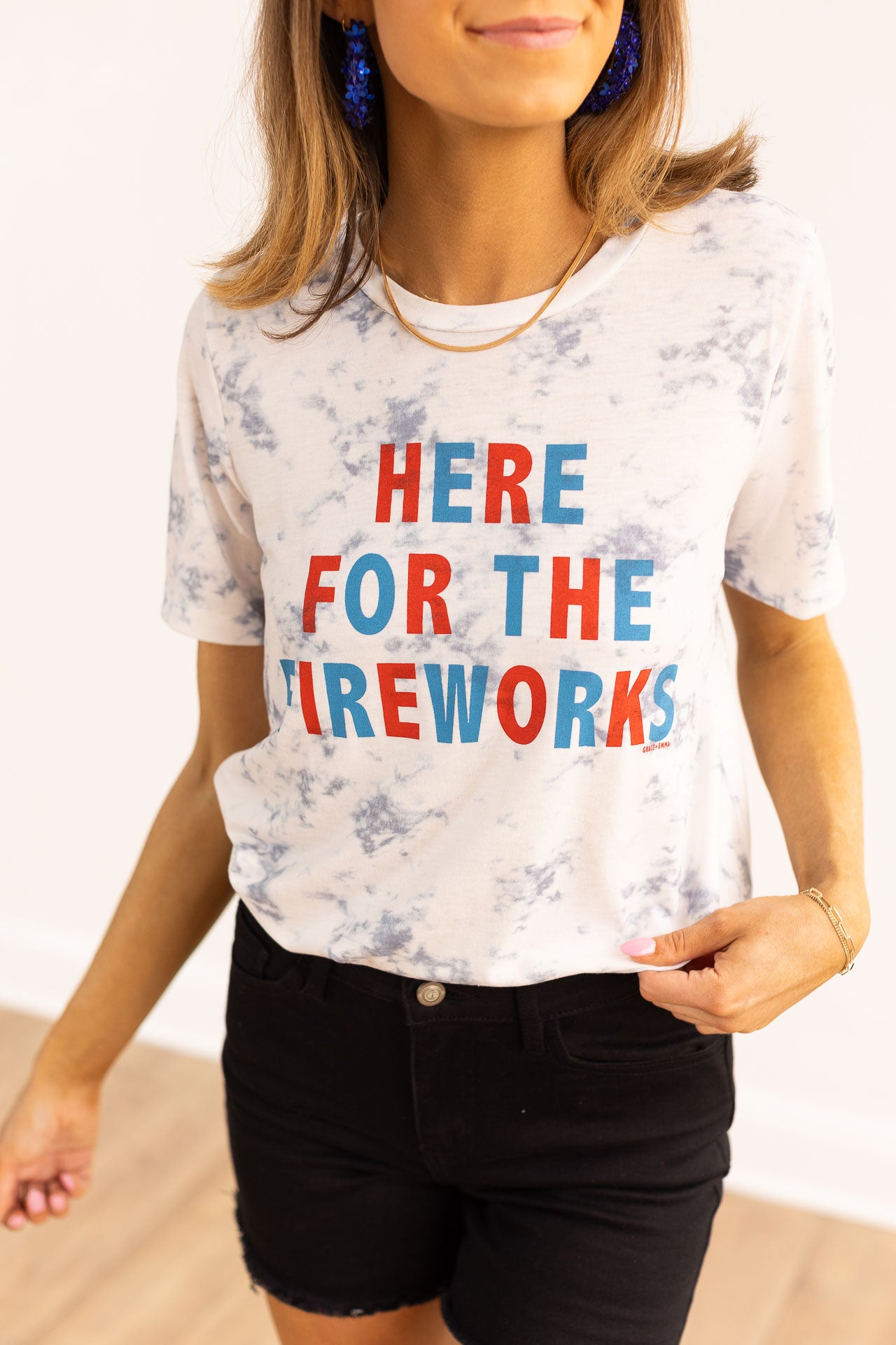 Here for the Fireworks on White Marble Crew Neck Tee