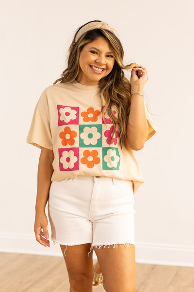 Cherecked Floral Oversized Tee, Beige