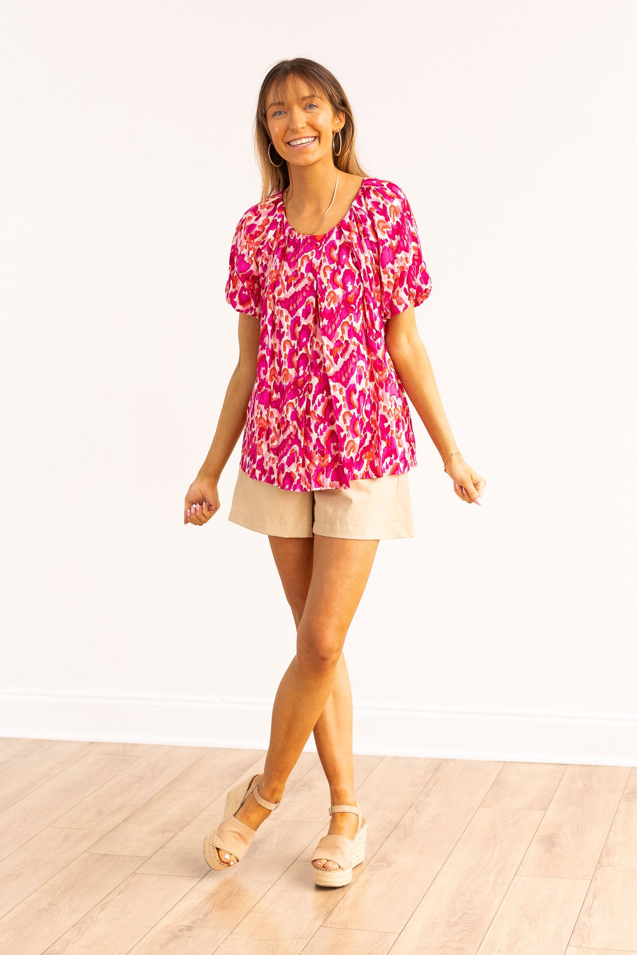 The Tessa Pink Pattern Puff Sleeve Blouses