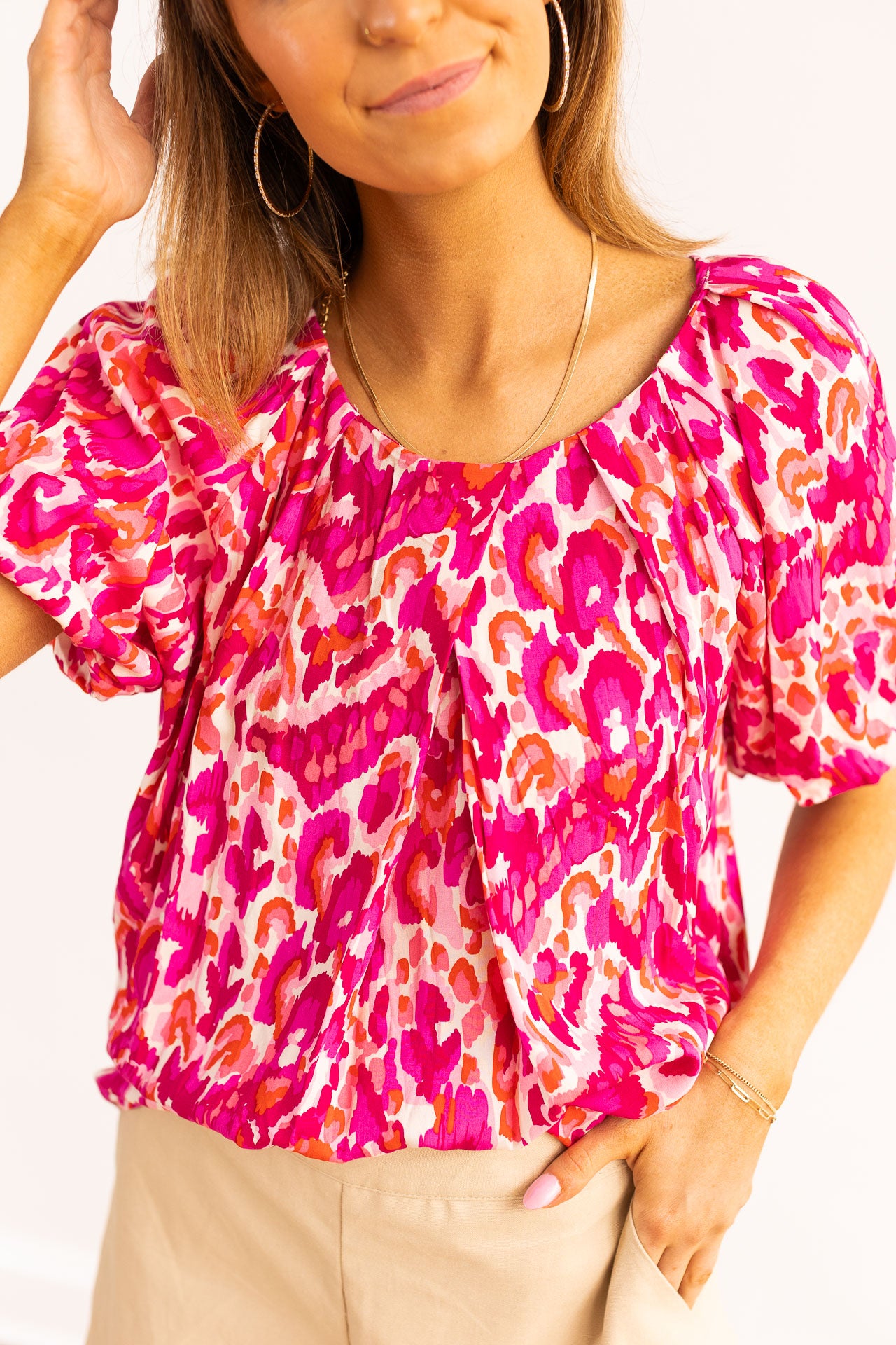 The Tessa Pink Pattern Puff Sleeve Blouses