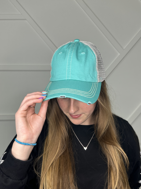 Turquoise Distressed Hat with Grey Mesh