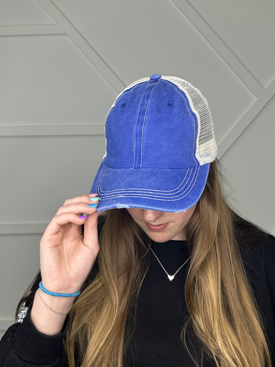 Blue Distressed Hat with Tan Mesh
