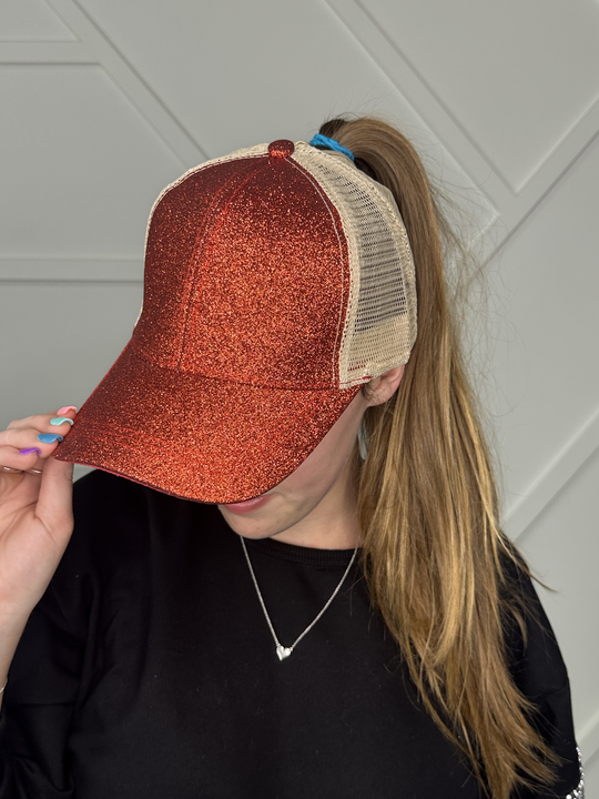 Red Glitter Hat With Beige Mesh