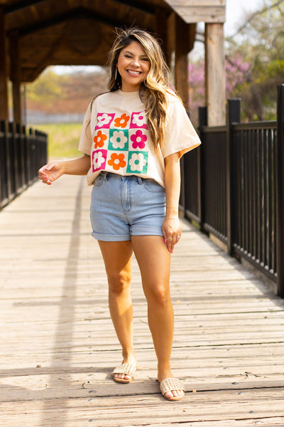 Cherecked Floral Oversized Tee, Beige