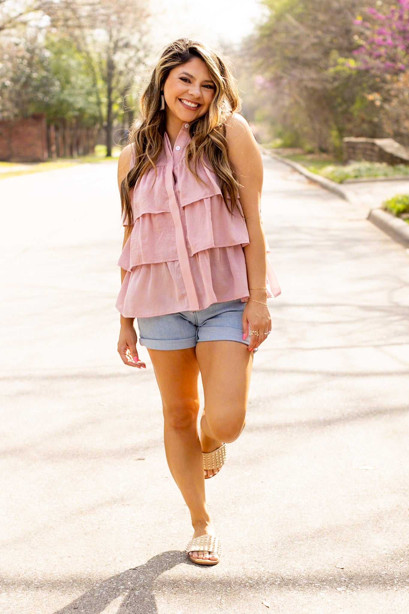 Andrea Sleeveless Ruffle Top, Blush