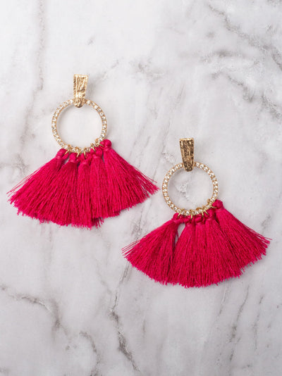 Golden Circle Studs with Vibrant Pink Tassels