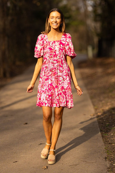 The Kaya Pink Floral Puff Sleeve Dress