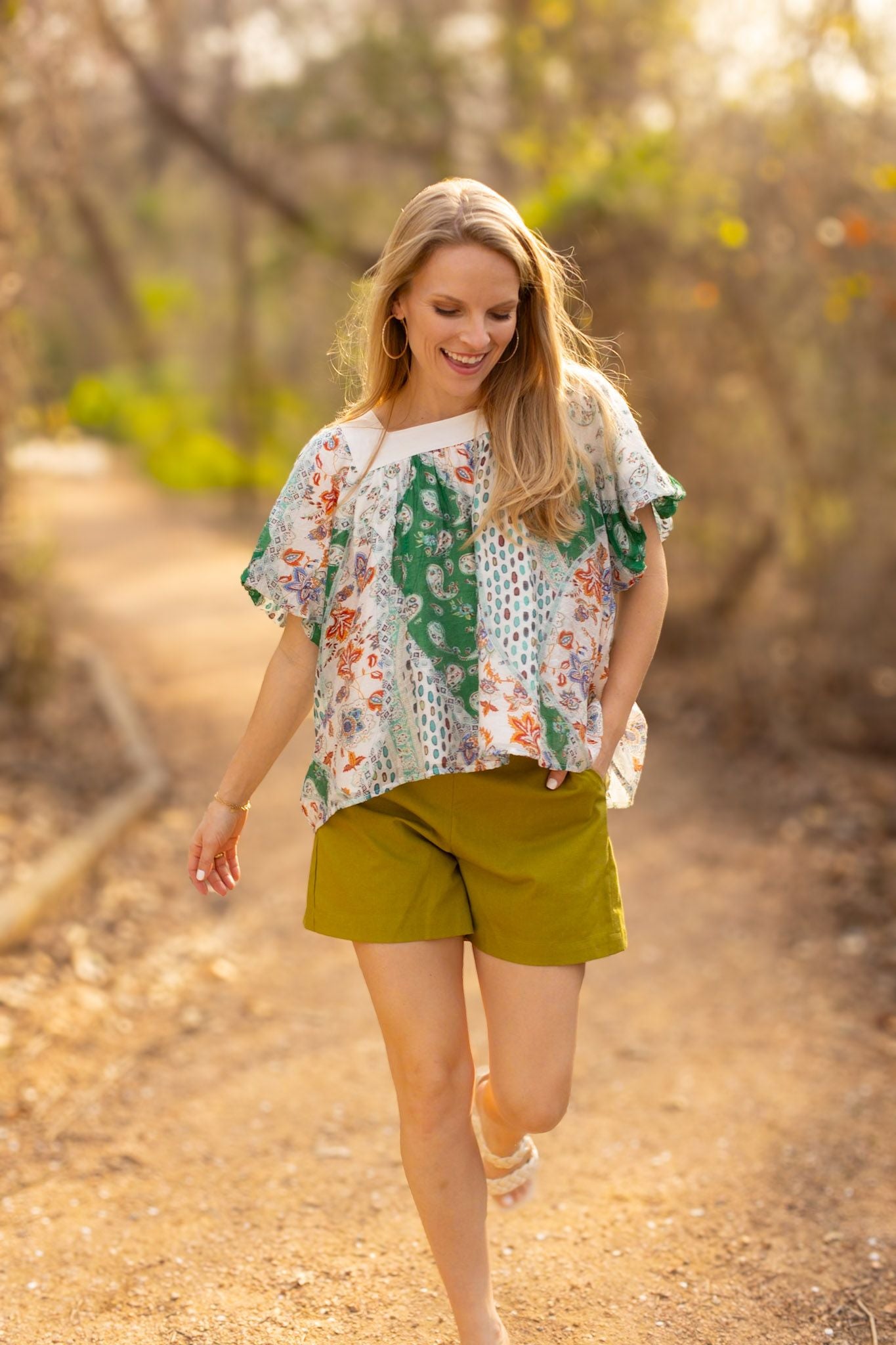 The Rosemary Ivory & Green Square Neck Puff Blouse