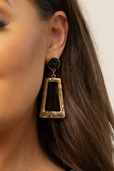 Don't Box Me In Gold Rectangular Hoops with Raw Stud, Black