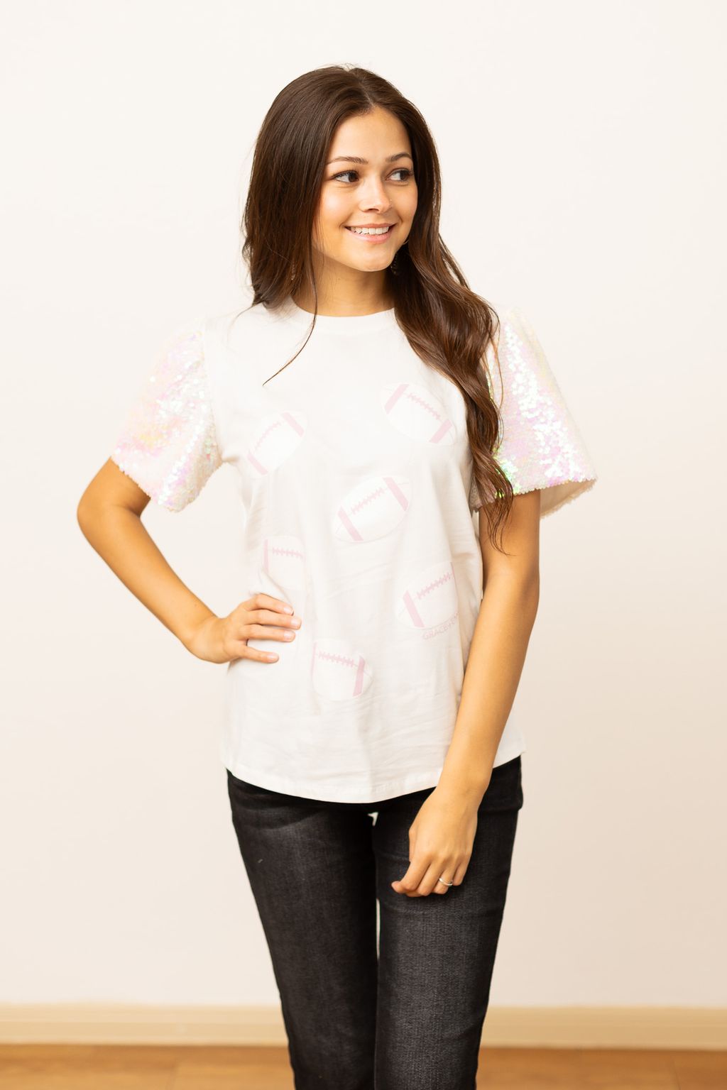 Footballs on White Top with Sequin Sleeve