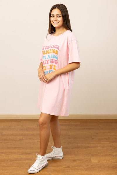 See You Later Alligator on Pink Wash Tee Shirt Dress With Pockets