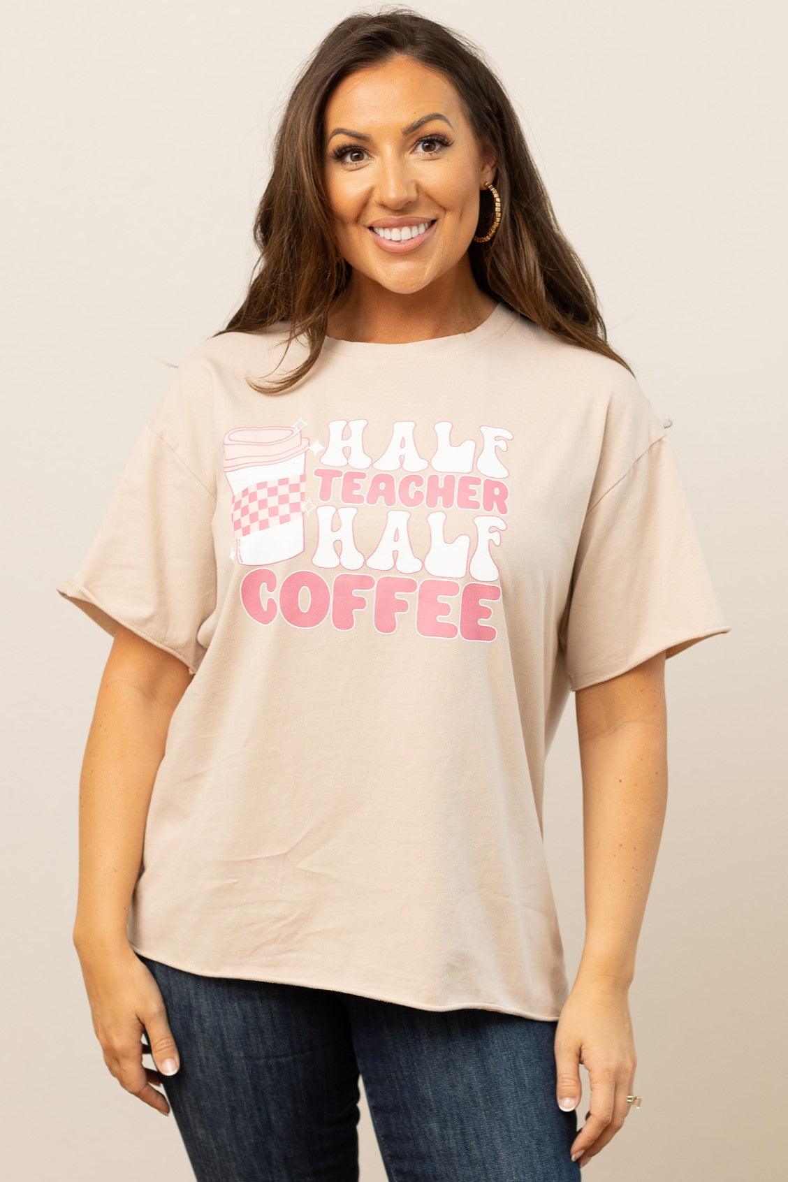 Half Teacher Half Coffee on Beige Tee Shirt Blank