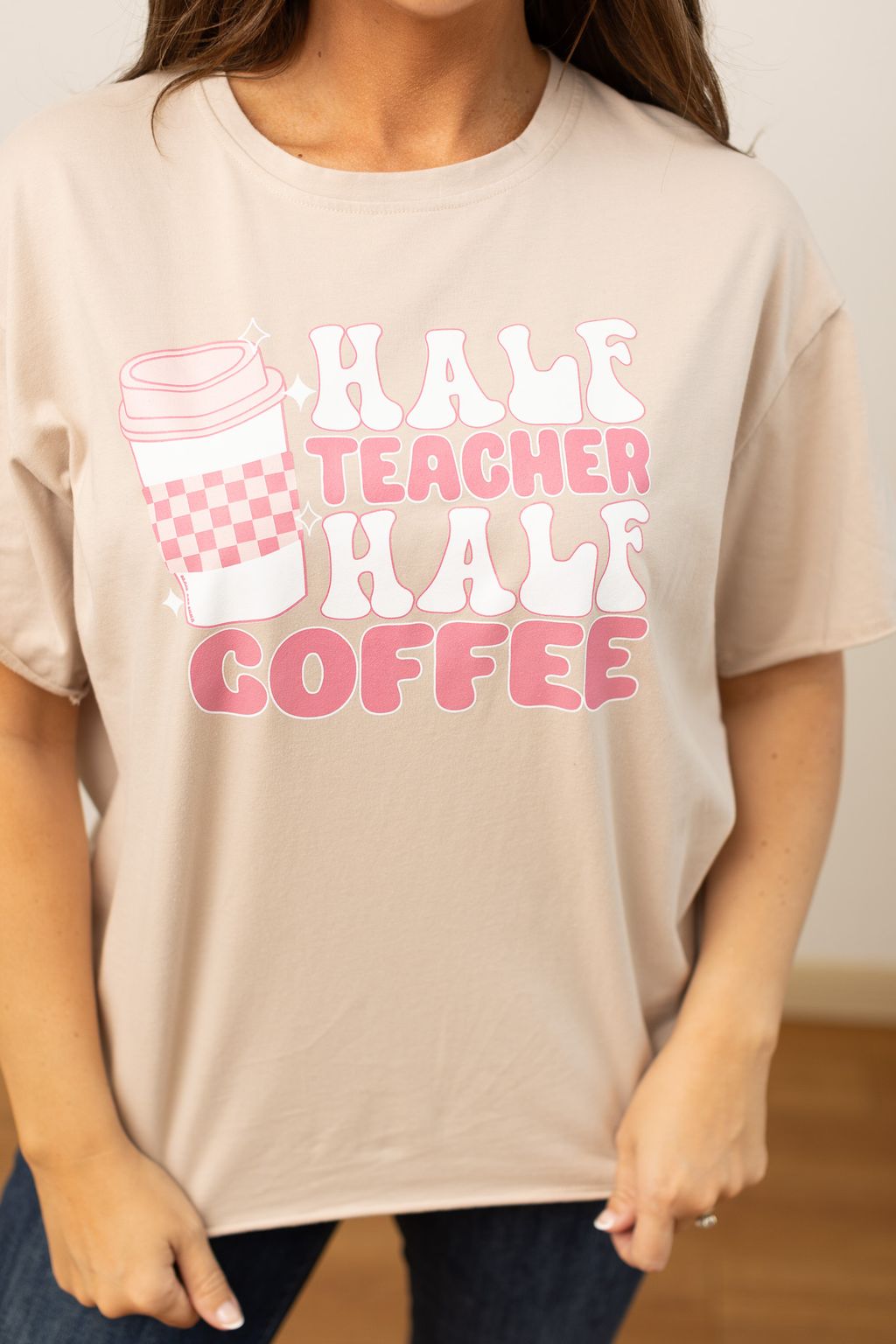 Half Teacher Half Coffee on Beige Tee Shirt Blank