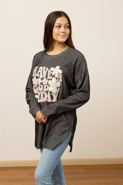 Have A Good Day on Black Ribbed Long-sleeve Top