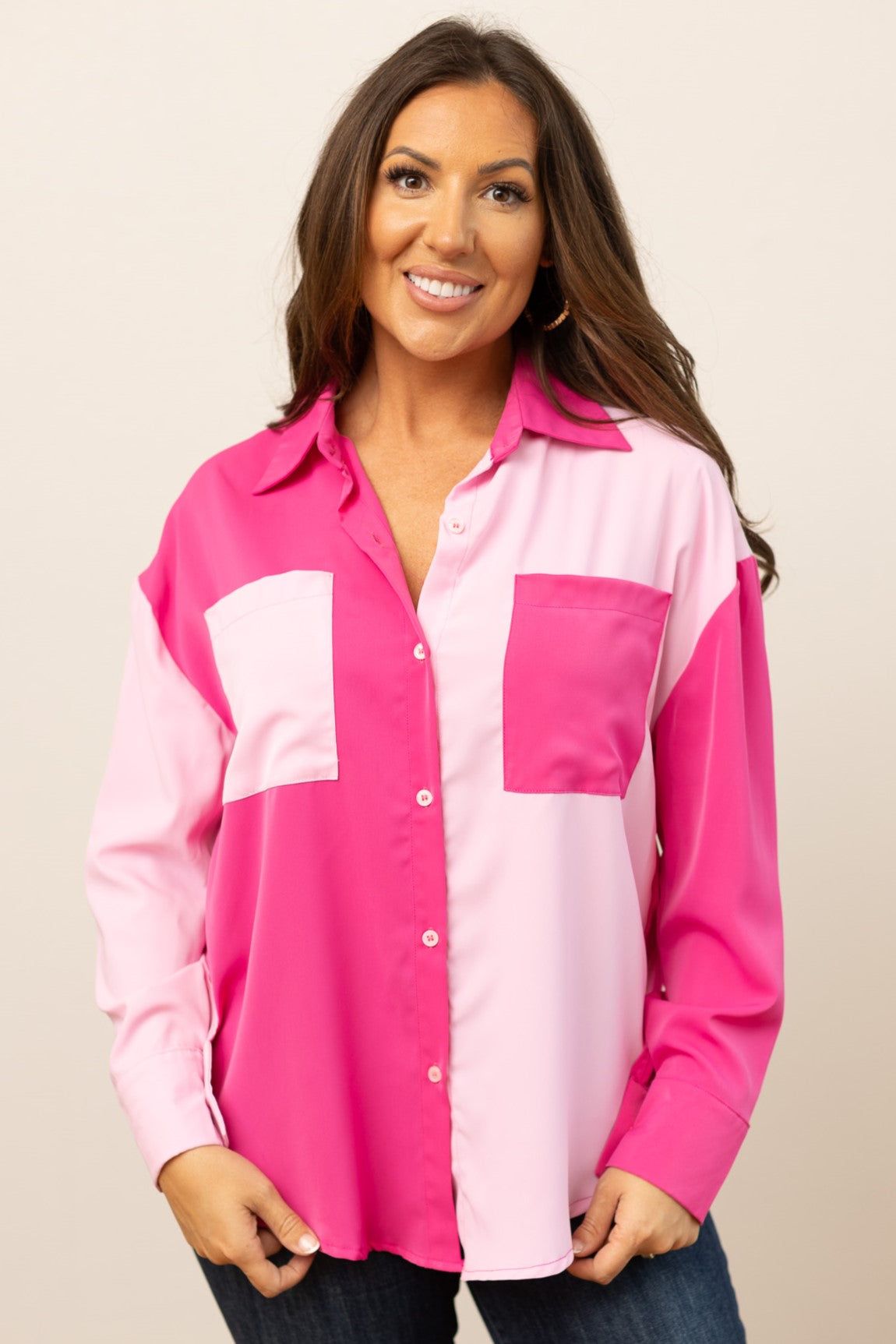 The Kathryn Pink Color Block Button-Up