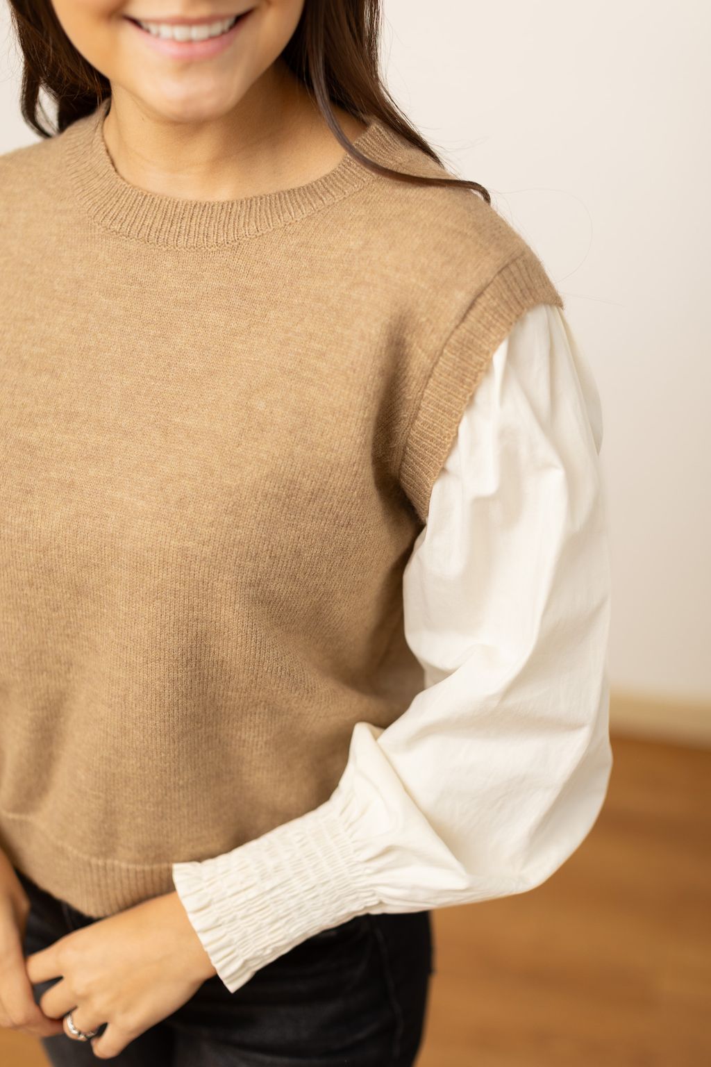 Tan Sweater Vest with Cream Sleeves