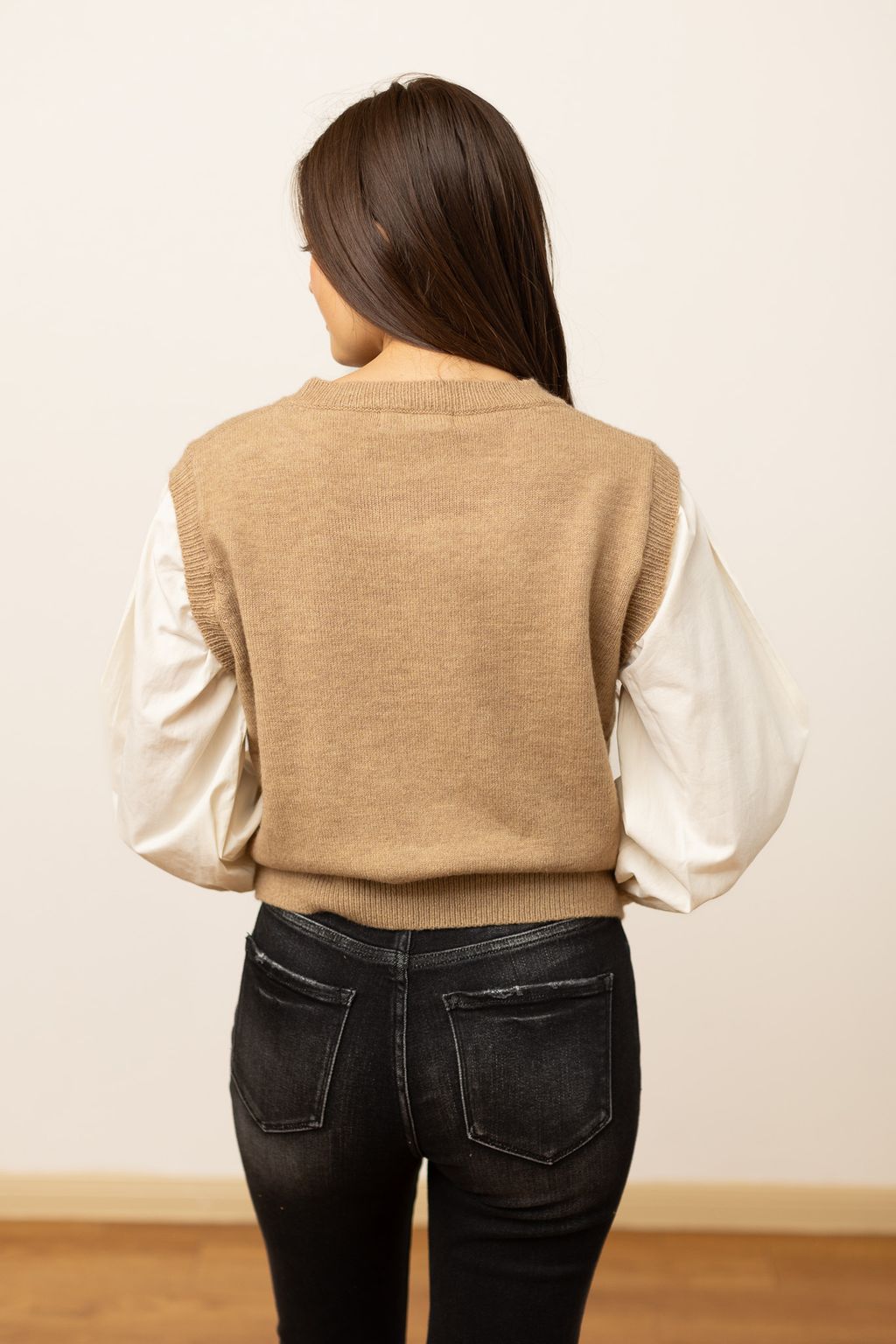 Tan Sweater Vest with Cream Sleeves