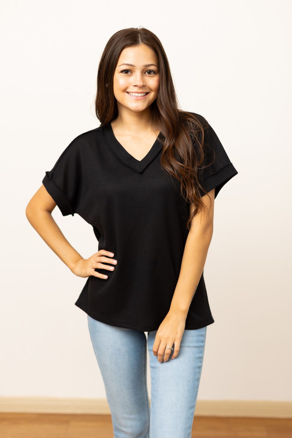 Lucy Waffle Knit Top, Black