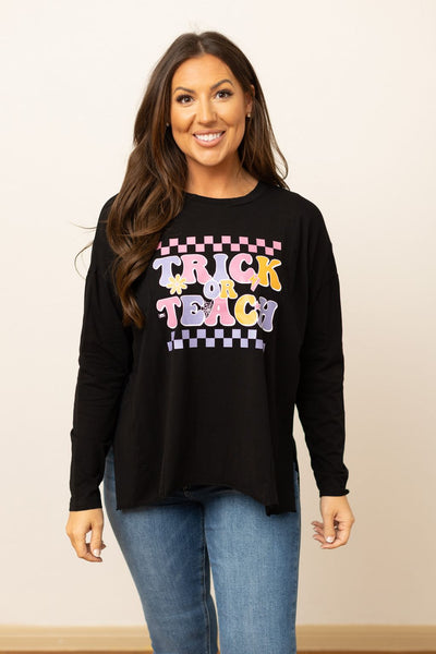 Trick or Teach on Black Long-sleeved T-shirt with Side Stitching