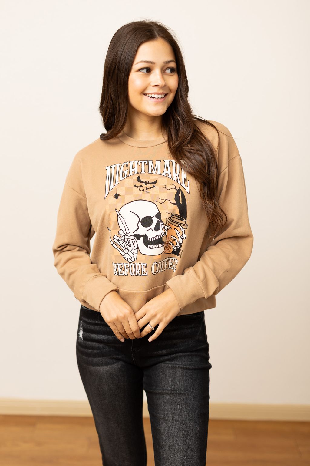 Nightmare Before Coffee on Tan Cropped Sweatshirt