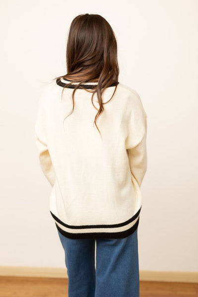 Silver Sequin Bow on Cream Varsity Sweater