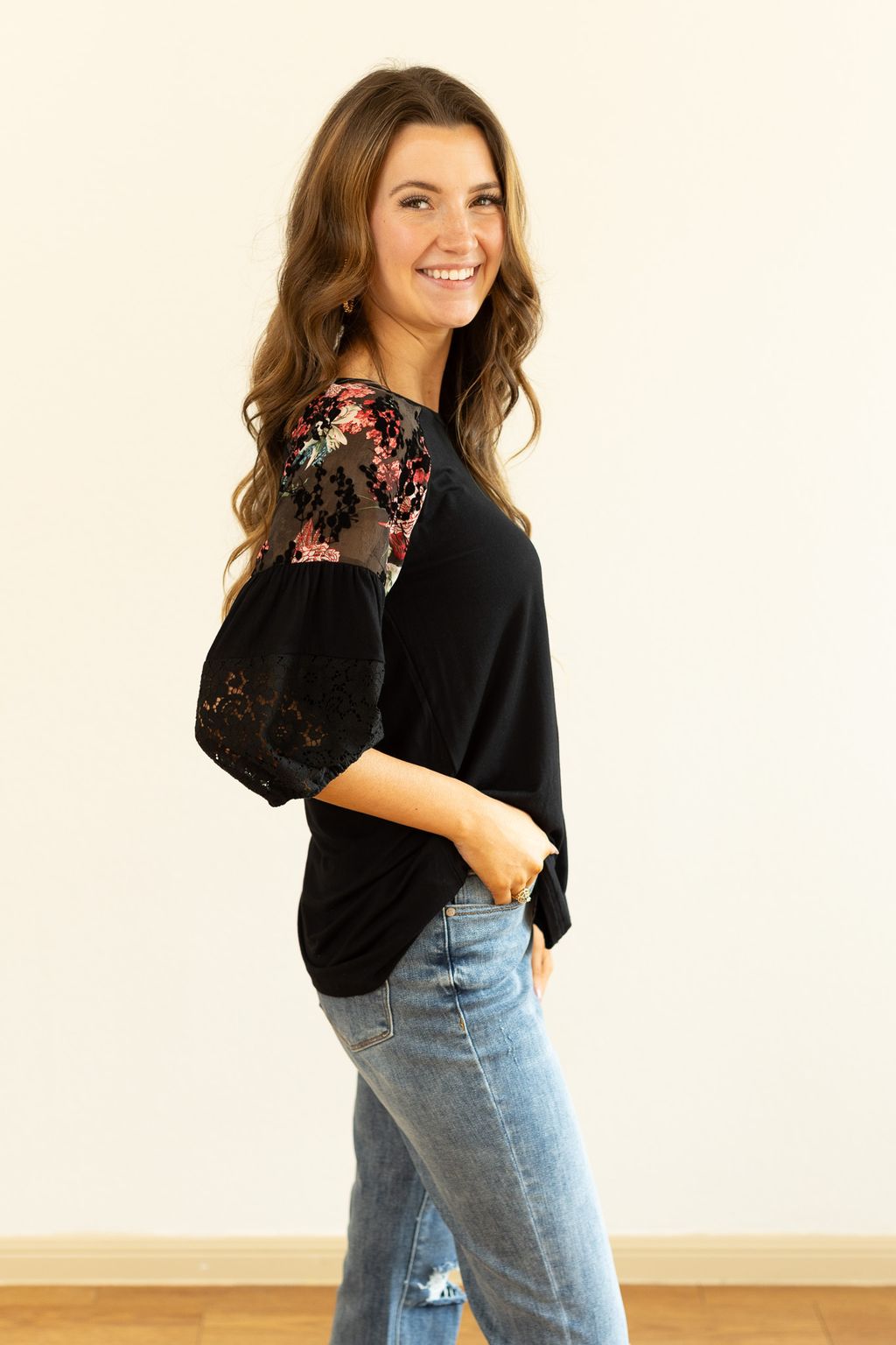 Black Top with Color-Blocked Sleeves