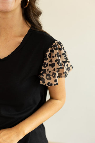 Black Top with Leopard Flutter Sleeves