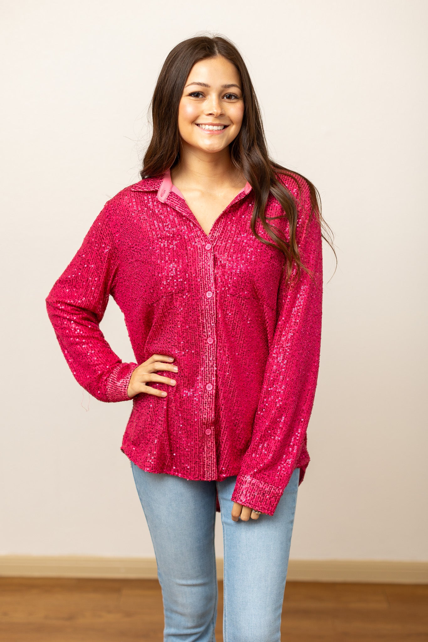 Kathryn Classic Button-Up, Hot Pink Sequin