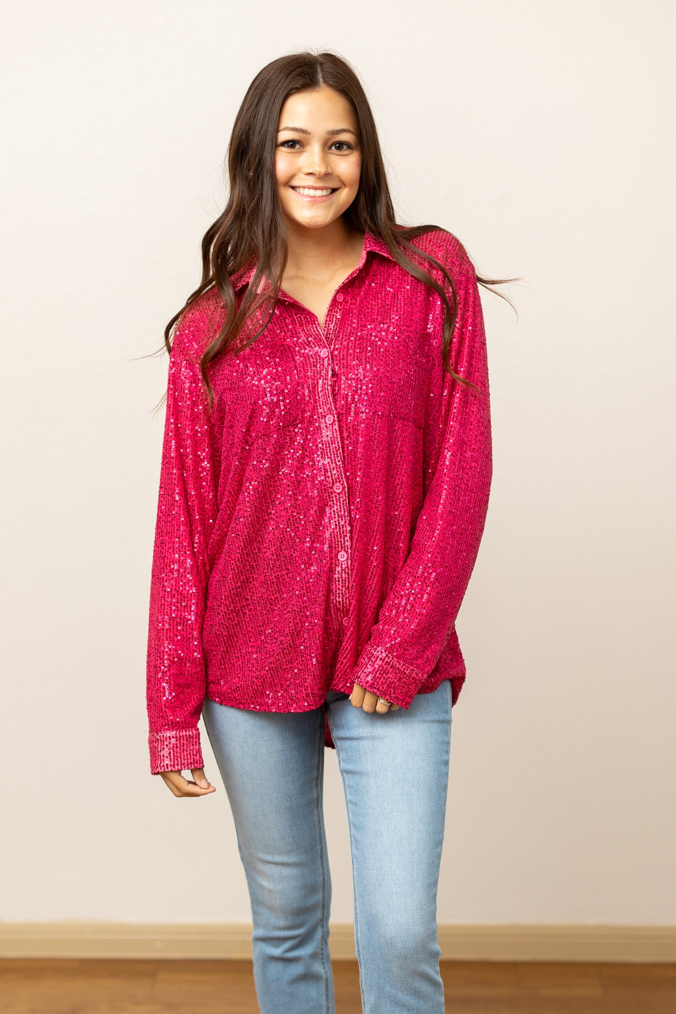 Kathryn Classic Button-Up, Hot Pink Sequin