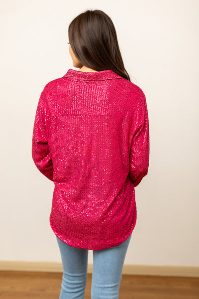 Kathryn Classic Button-Up, Hot Pink Sequin