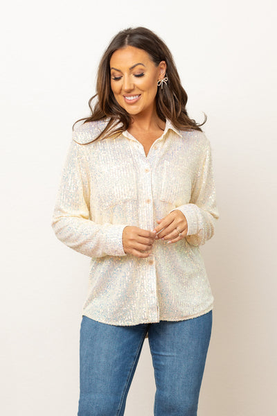 Kathryn Classic Button-Up, White Sequin