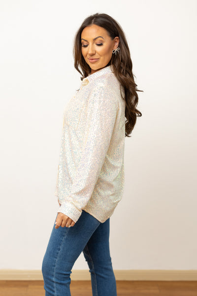 Kathryn Classic Button-Up, White Sequin