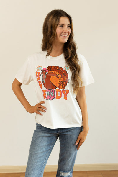 Howdy Turkey on White Blank Tee Shirt