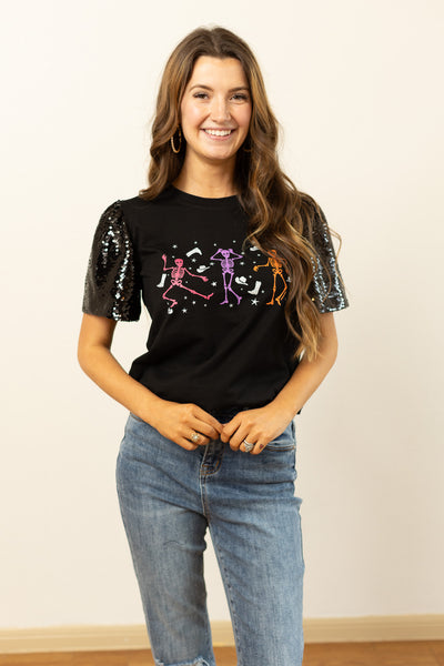 Skeleton Black Top With Sequins Puff Sleeve