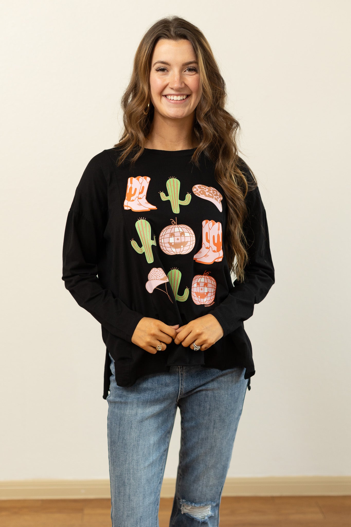 Disco Cowboy Pumpkins Black Long-sleeved T-shirts With Side Stitching