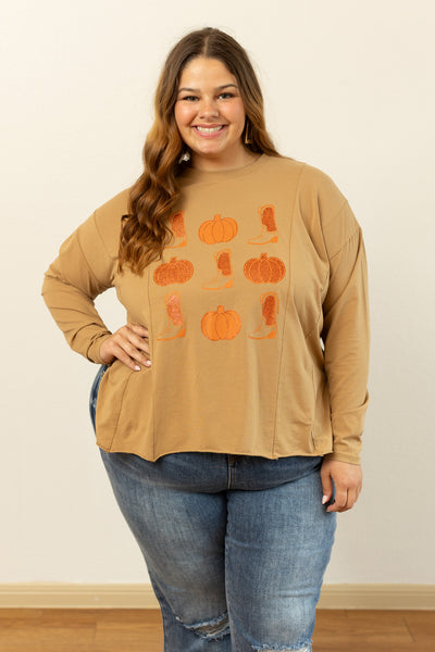 Boots and Pumpkins on Tan Long-sleeved T-shirts With Side Stitching